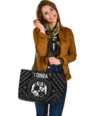 Tonga Leather Tote Bag - Tonga Seal With Polynesian Tattoo Style (Black) - Polynesian Pride