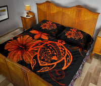 Hawaii Turtle Kanaka Map Hibiscus Poly Quilt Bed Set - Orange - Polynesian Pride
