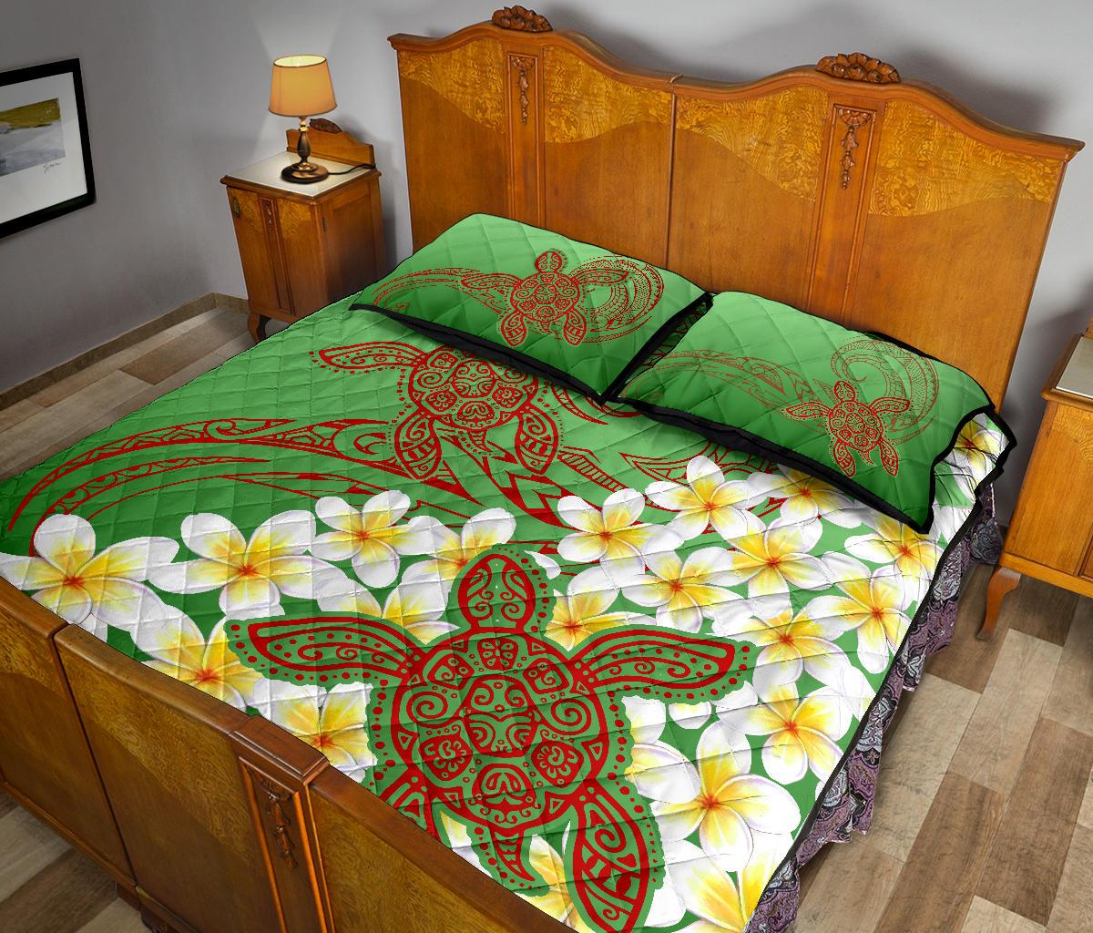 Hawaii Turtle Plumeria Quilt Bed Set - Green Style - Polynesian Pride