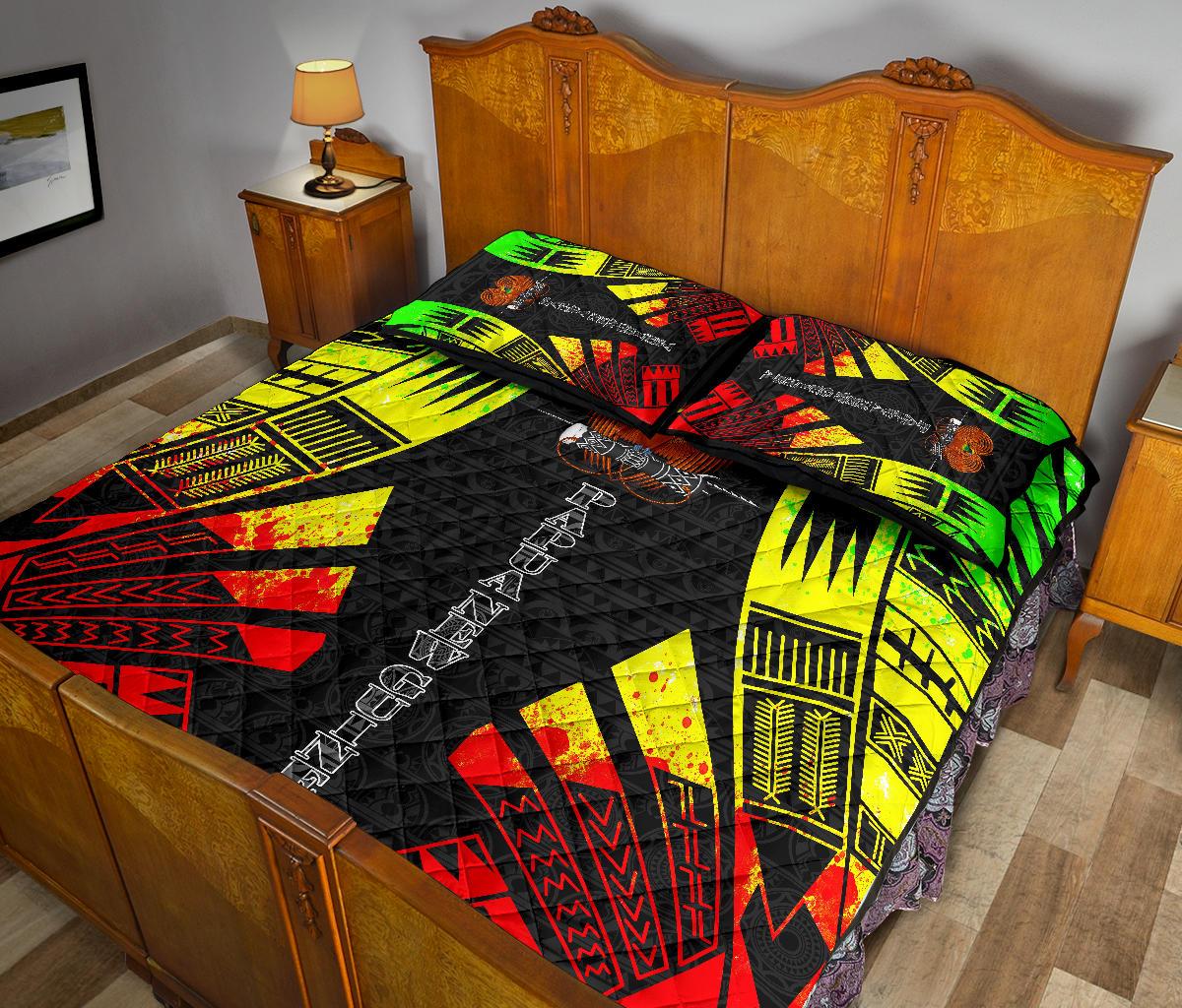 Papua New Guinea Quilt Bed Set - Papua New Guinea Coat Of Arms & Polynesian Reggae Tattoo Style - Polynesian Pride
