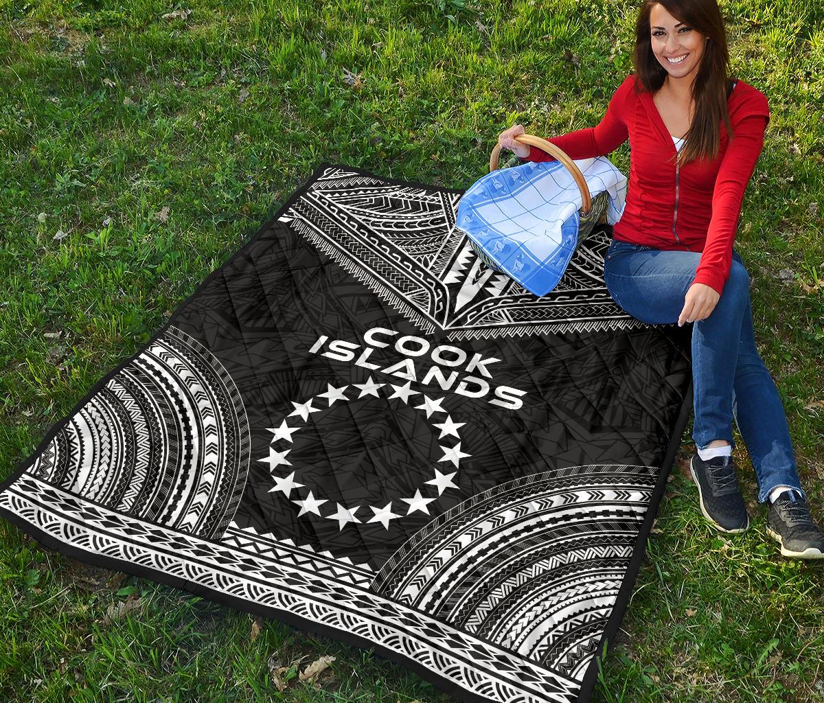 Cook Islands Premium Quilt - Cook Islands Flag Polynesian Chief Black Version - Polynesian Pride