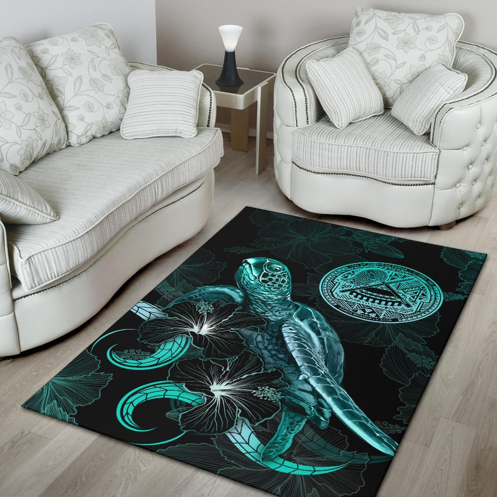 American Samoa Polynesian Area Rugs - Turtle With Blooming Hibiscus Turquoise - Polynesian Pride