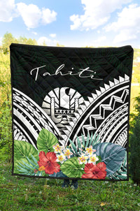 Tahiti Premium Quilt - Tahiti Coat of Arms & Polynesian Tropical Flowers White - Polynesian Pride