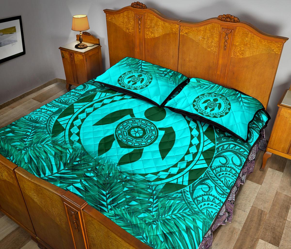 Polynesian Quilt Bed Set - Green Turtle Palm Torquoise Version - Polynesian Pride