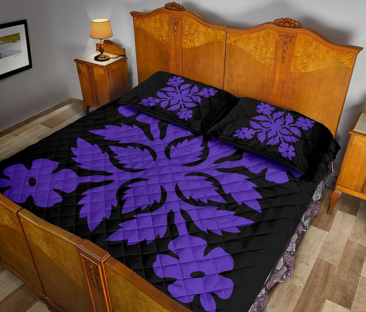 Hawaiian Quilt Bed Set Royal Pattern - Black And Purple - B2 Style - Polynesian Pride
