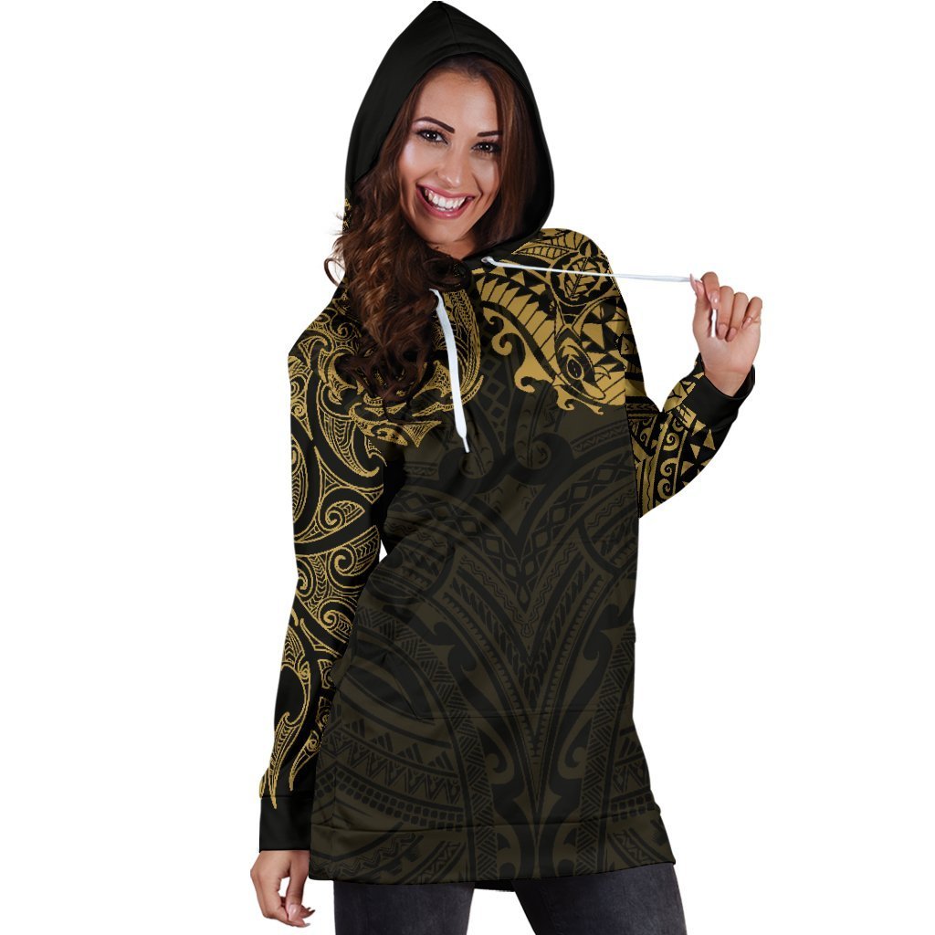 New Zealand Women'S Hoodie Dress, Maori Polynesian Tattoo Gold - Polynesian Pride