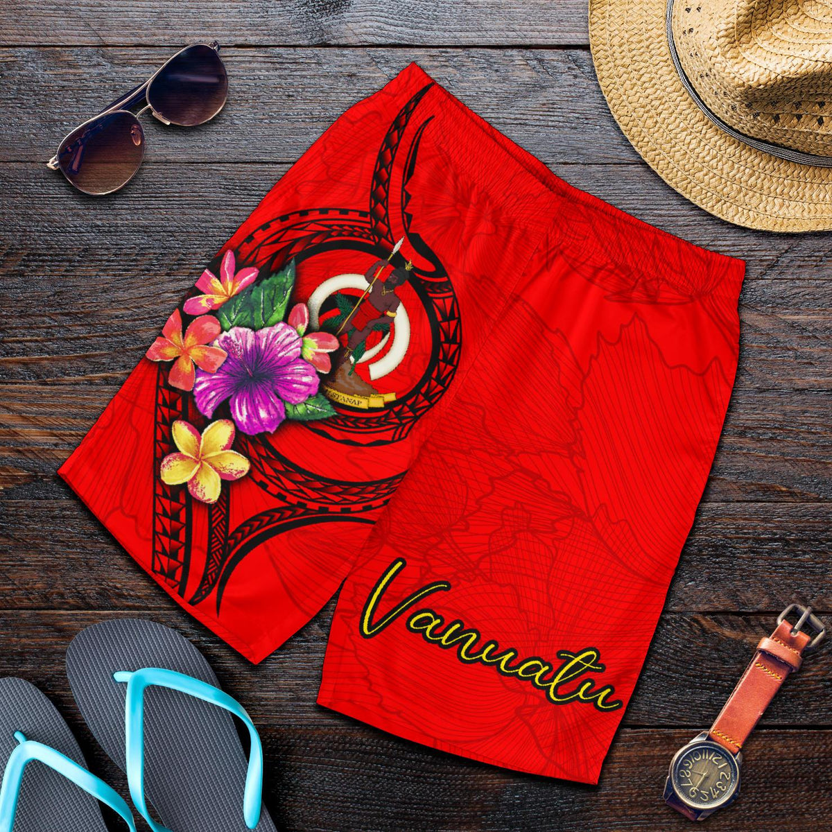 Vanuatu Polynesian Men's Shorts - Floral With Seal Red - Polynesian Pride