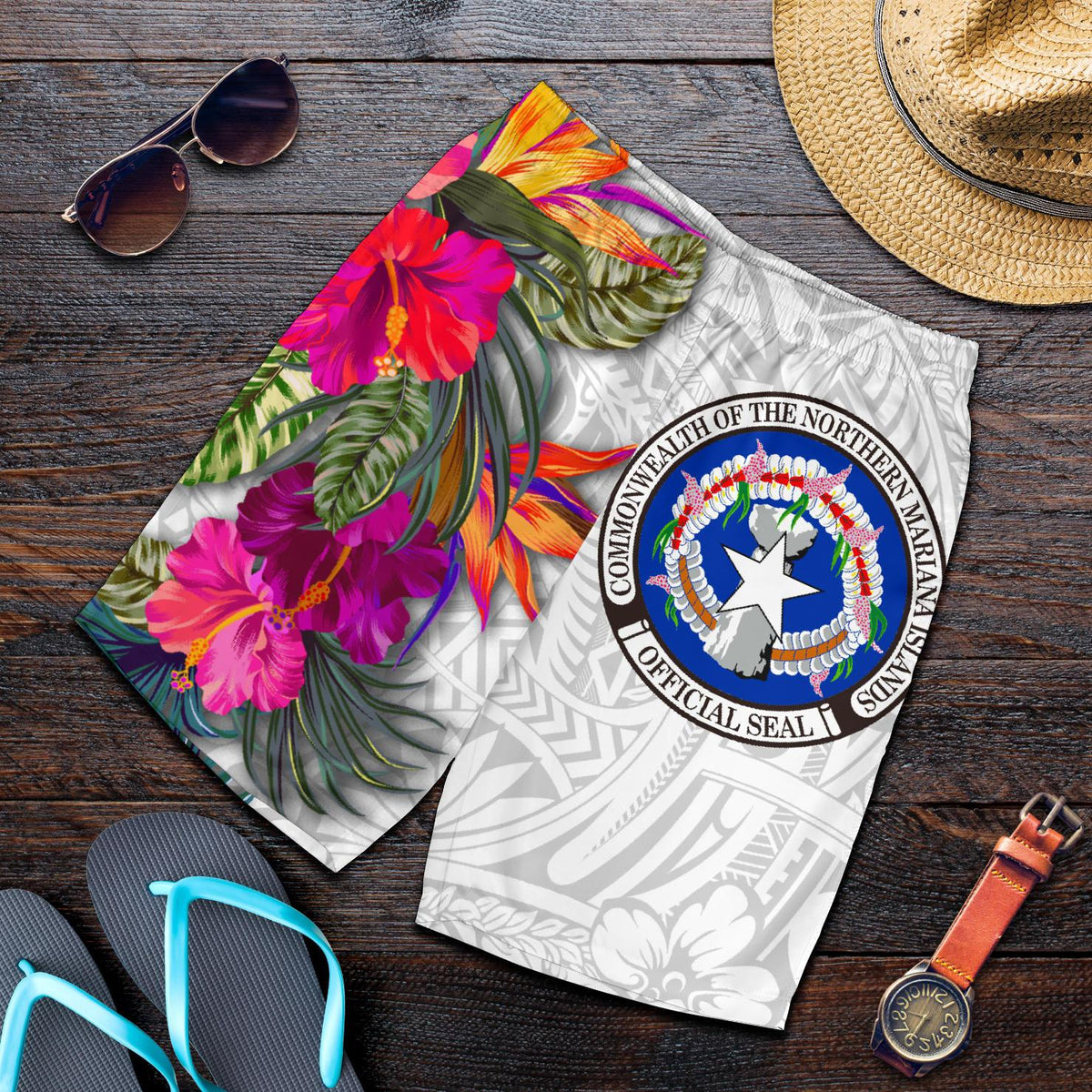 Northern Mariana Islands All Over Print Men's Shorts Polynesian Hibiscus White Pattern - Polynesian Pride