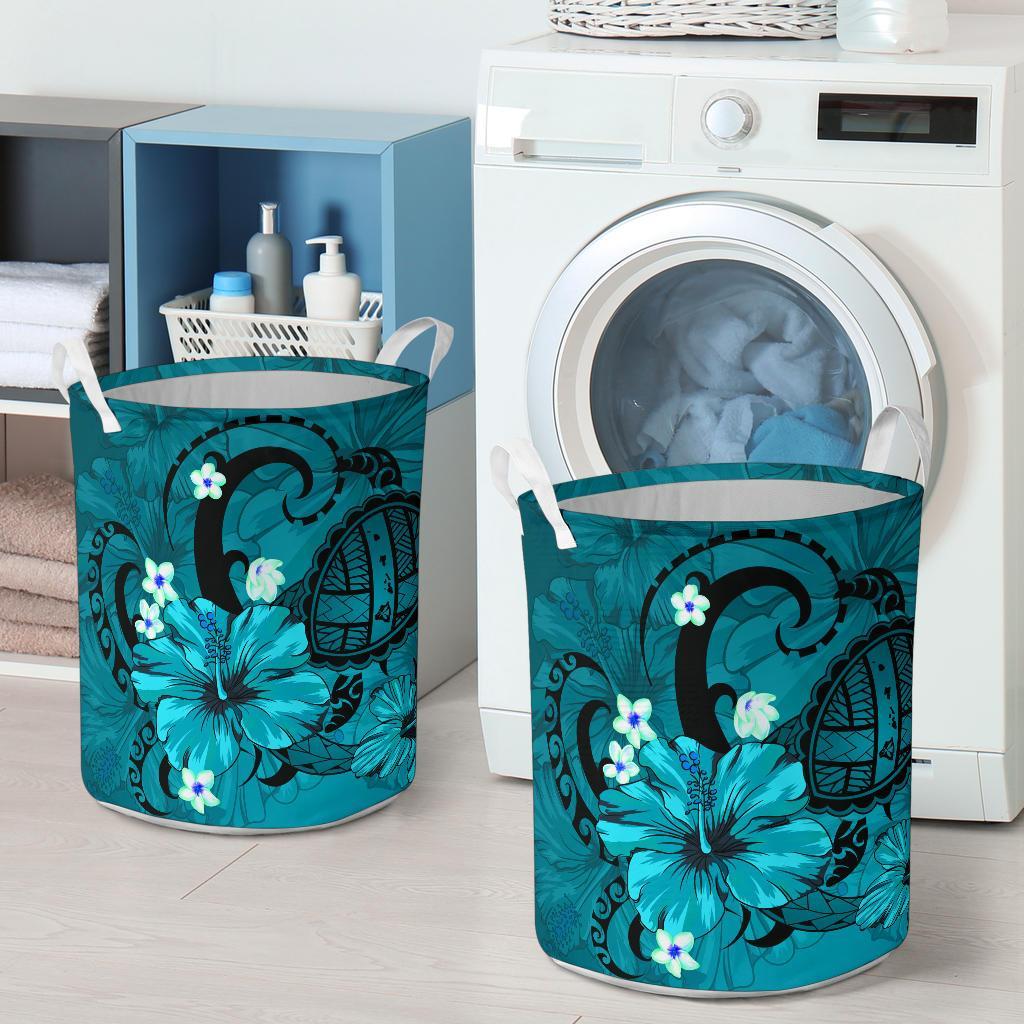 Hibiscus Plumeria Polynesian Turtle Hawaii Laundry Basket Turquoise AH - Polynesian Pride