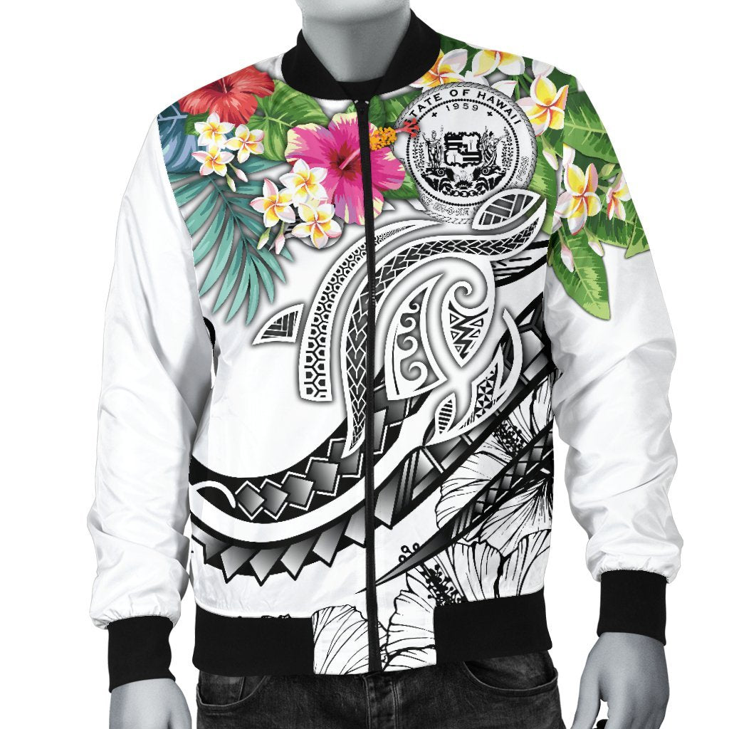 Polynesian Hawaii Men's Bomber Jacket - Summer Plumeria (White) - Polynesian Pride