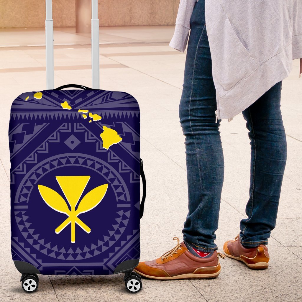 Hawaii Luggage Covers - Hawaii Kanaka Maoli And Map ( Blue) - Polynesian Pride