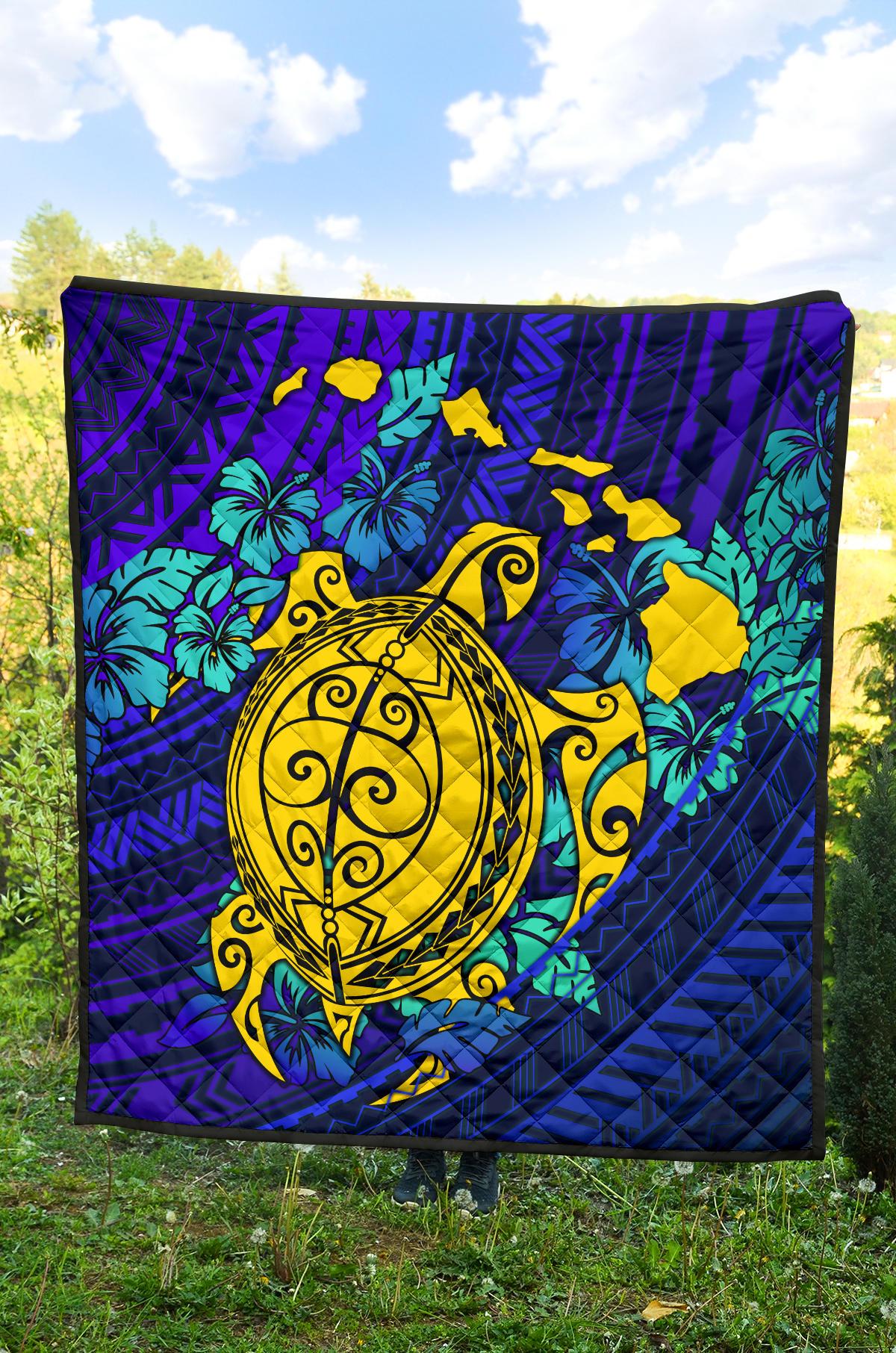 Hawaii Polynesian Premium Quilt - Hawaii Yellow Turtle Map & Torquoise Hibiscus - Polynesian Pride
