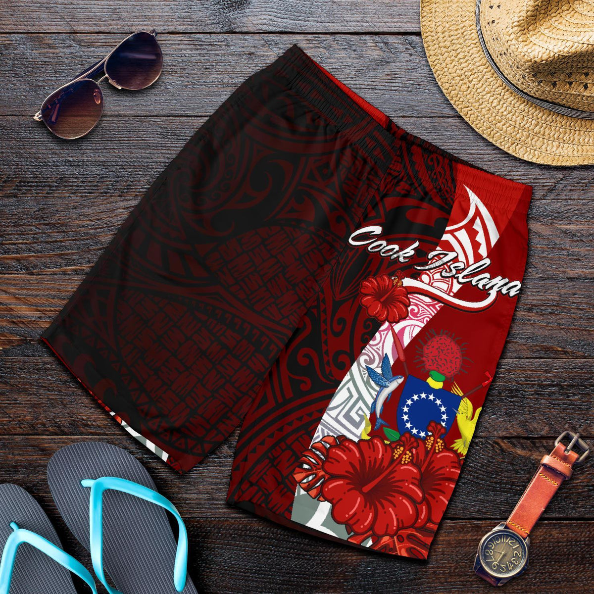 Cook Islands Polynesian Custom Personalised Men's Shorts - Coat Of Arm With Hibiscus - Polynesian Pride
