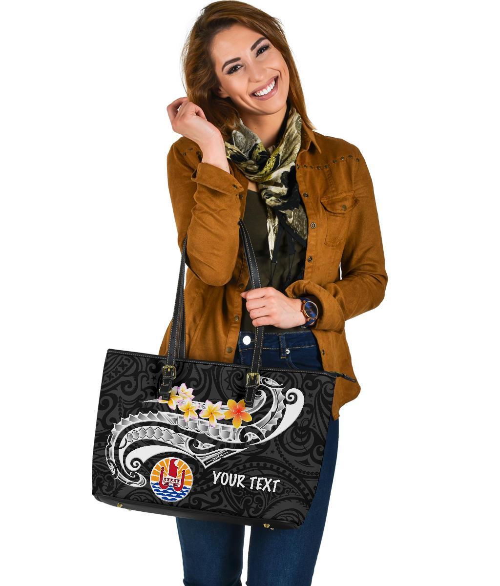 Tahiti Custom Personalised Leather Tote Bag - Tahiti Seal Polynesian Patterns Plumeria (Black) - Polynesian Pride