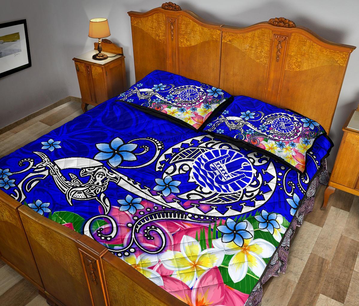 Tahiti Quilt Bed Set - Turtle Plumeria (Blue) - Polynesian Pride