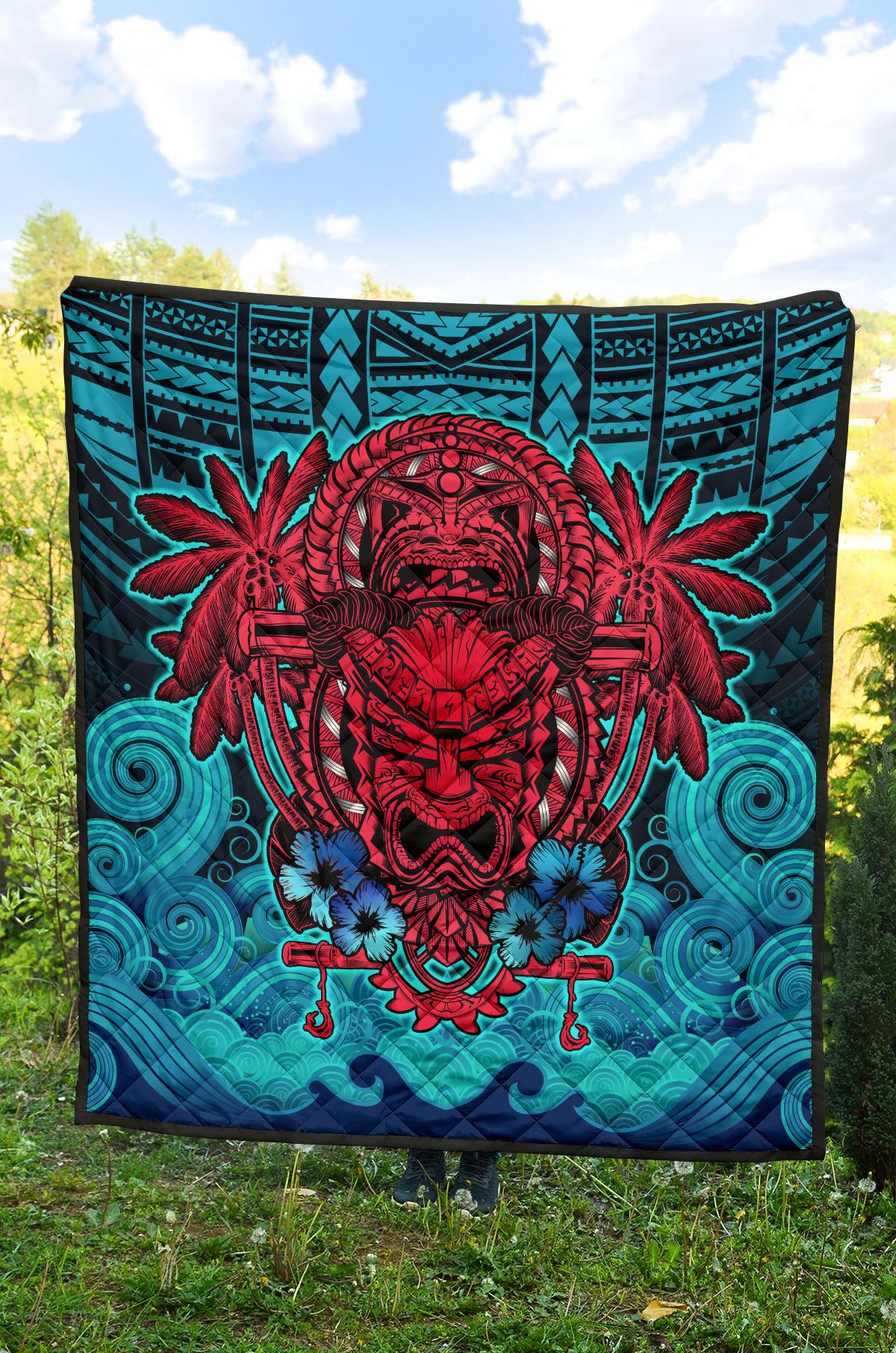 Hawaii Polynesian Premium Quilt - Hawaiian Red Tiki Face (Black Torquoise) - Polynesian Pride