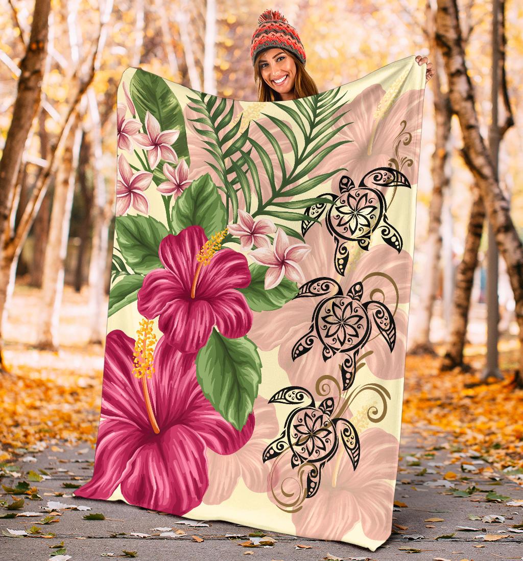 Hawaii Turtle Hibiscus Plumeria Beige Style - Premium Blanket AH - Polynesian Pride