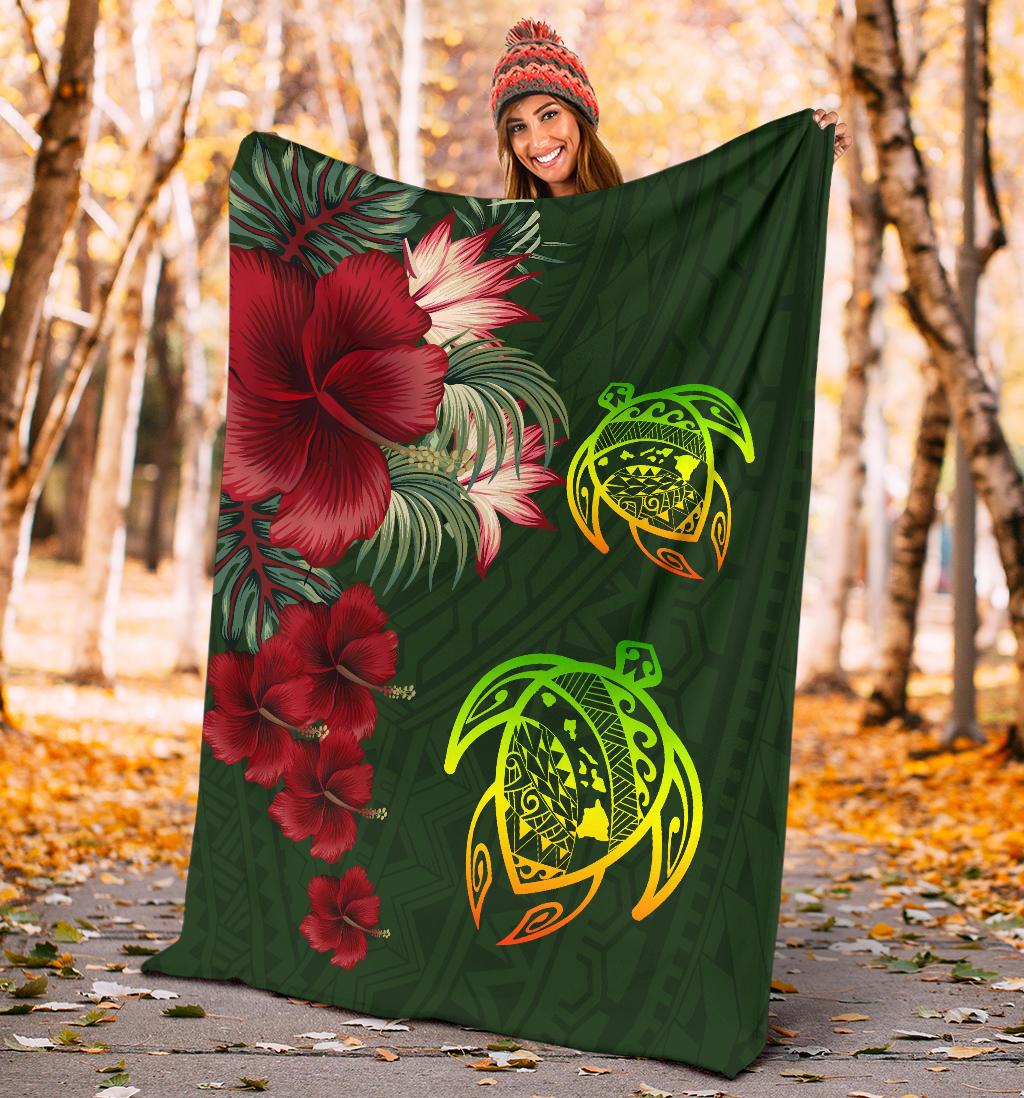 Hawaii Premium Blanket - Turtle Hibiscus Pattern Hawaiian Premium Blanket - Green - Polynesian Pride