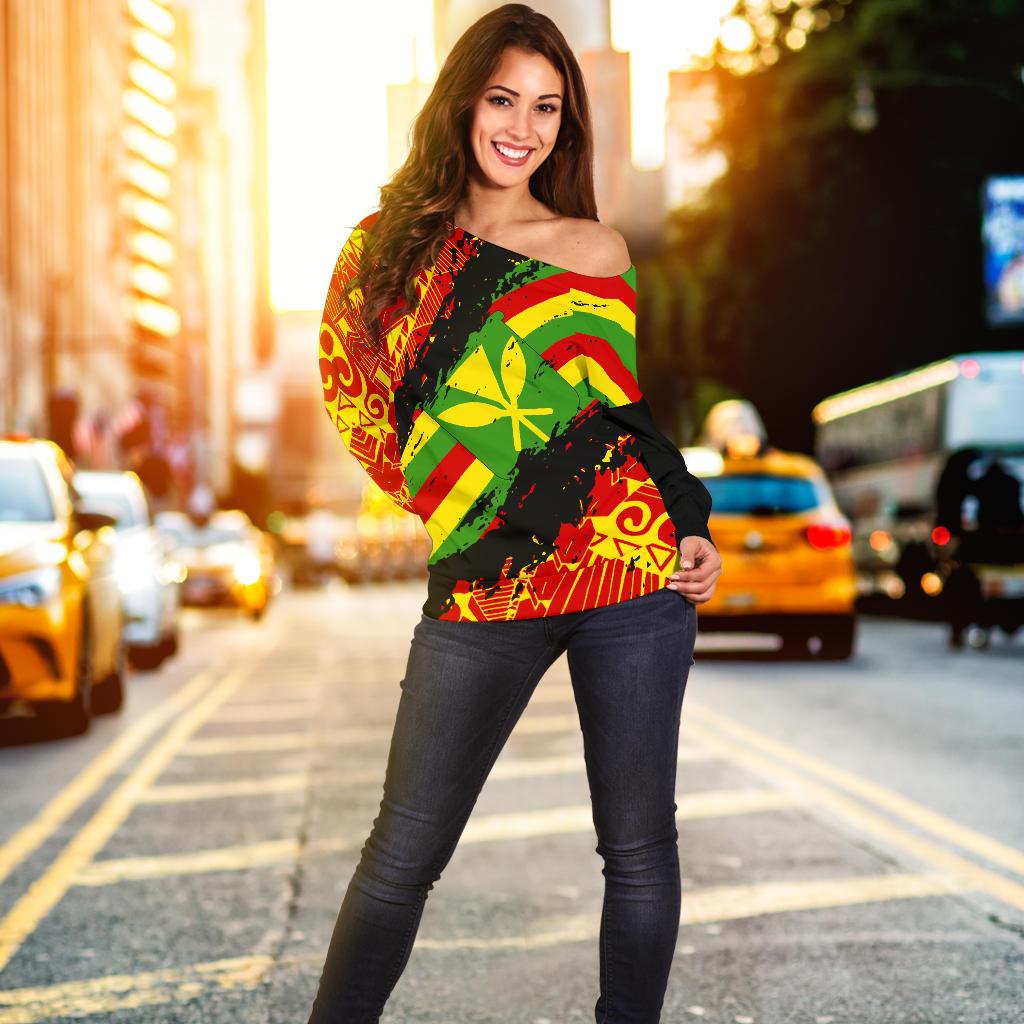 Kanaka Flag Polynesian Women's Off Shoulder Sweater - Nora Style - Polynesian Pride