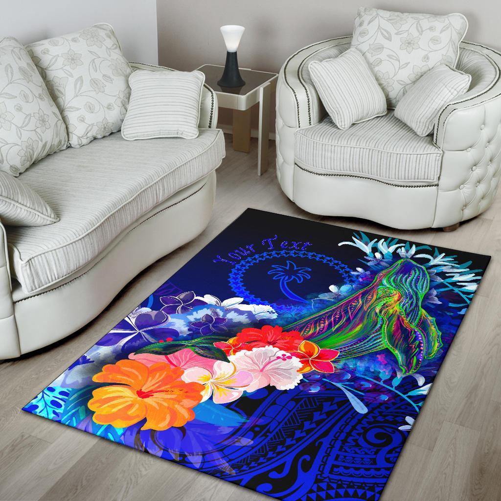 Custom Personalised Chuuk Area Rug - Humpback Whale with Tropical Flowers (Blue) - Polynesian Pride