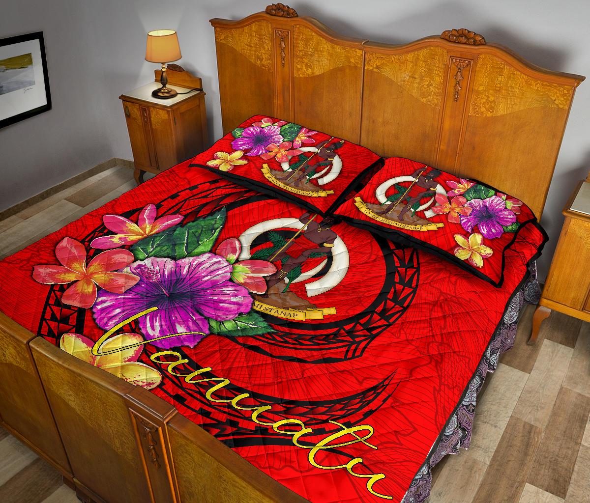 Vanuatu Polynesian Quilt Bed Set - Floral With Seal Red - Polynesian Pride