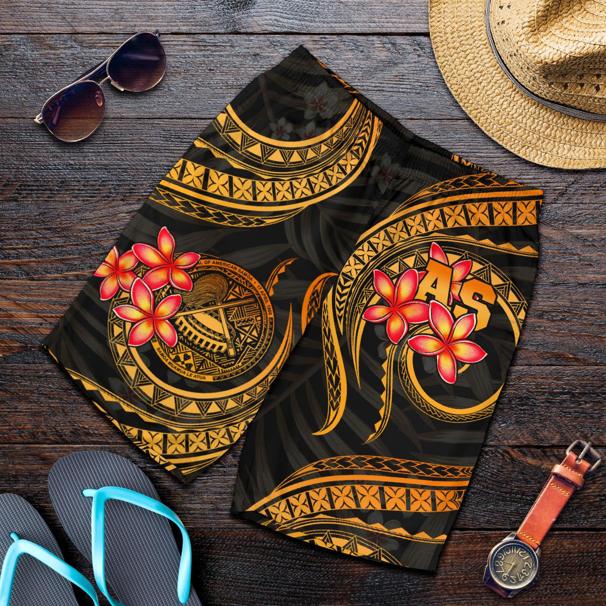 American Samoa Polynesian Men Shorts - Gold Plumeria - Polynesian Pride