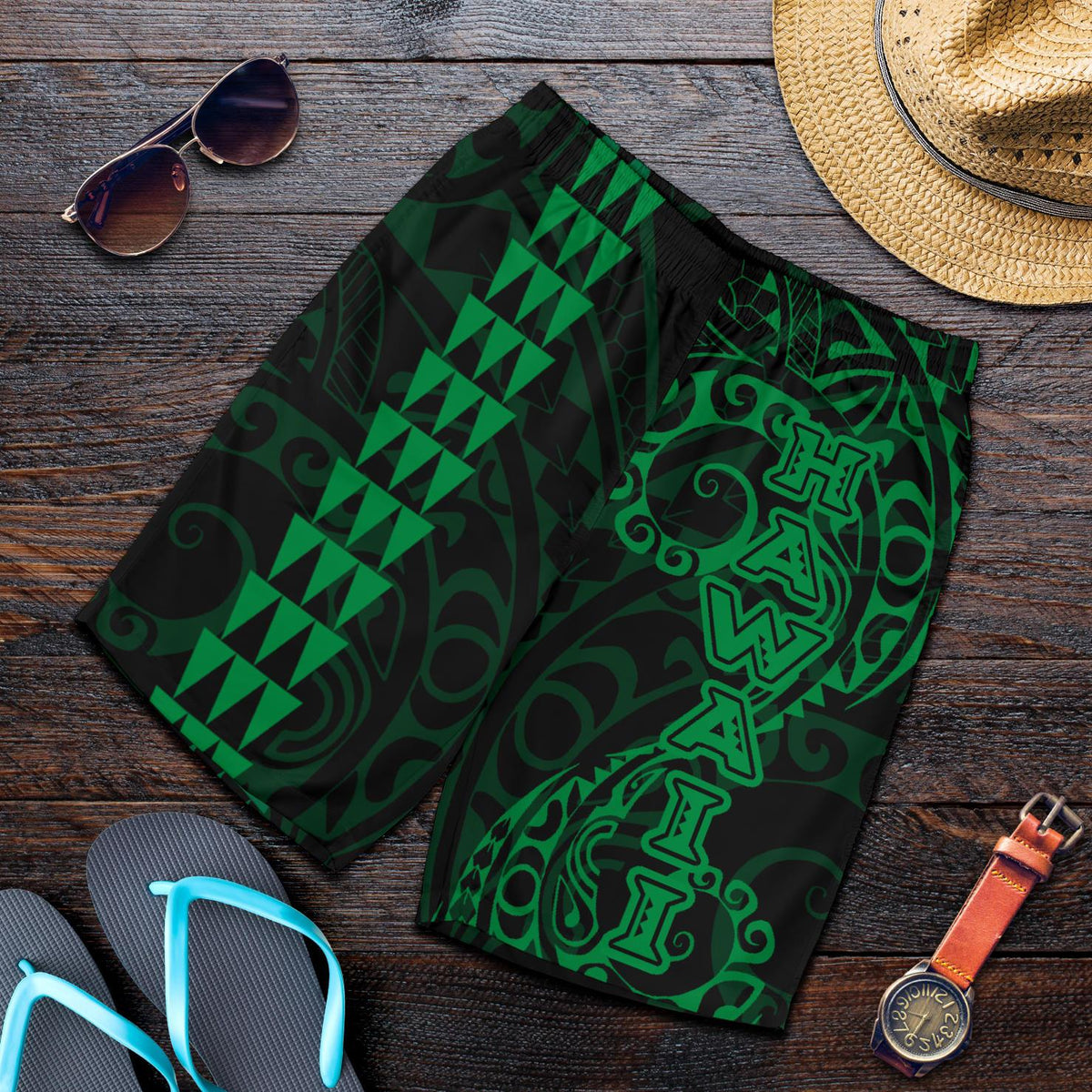 Hawaiian Tribal Green Men's Shorts - Polynesian Pride