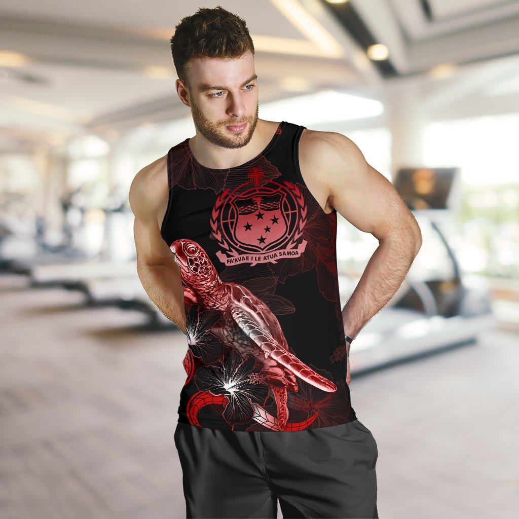 Samoa Men Tank Top - Turtle With Blooming Hibiscus Red - Polynesian Pride