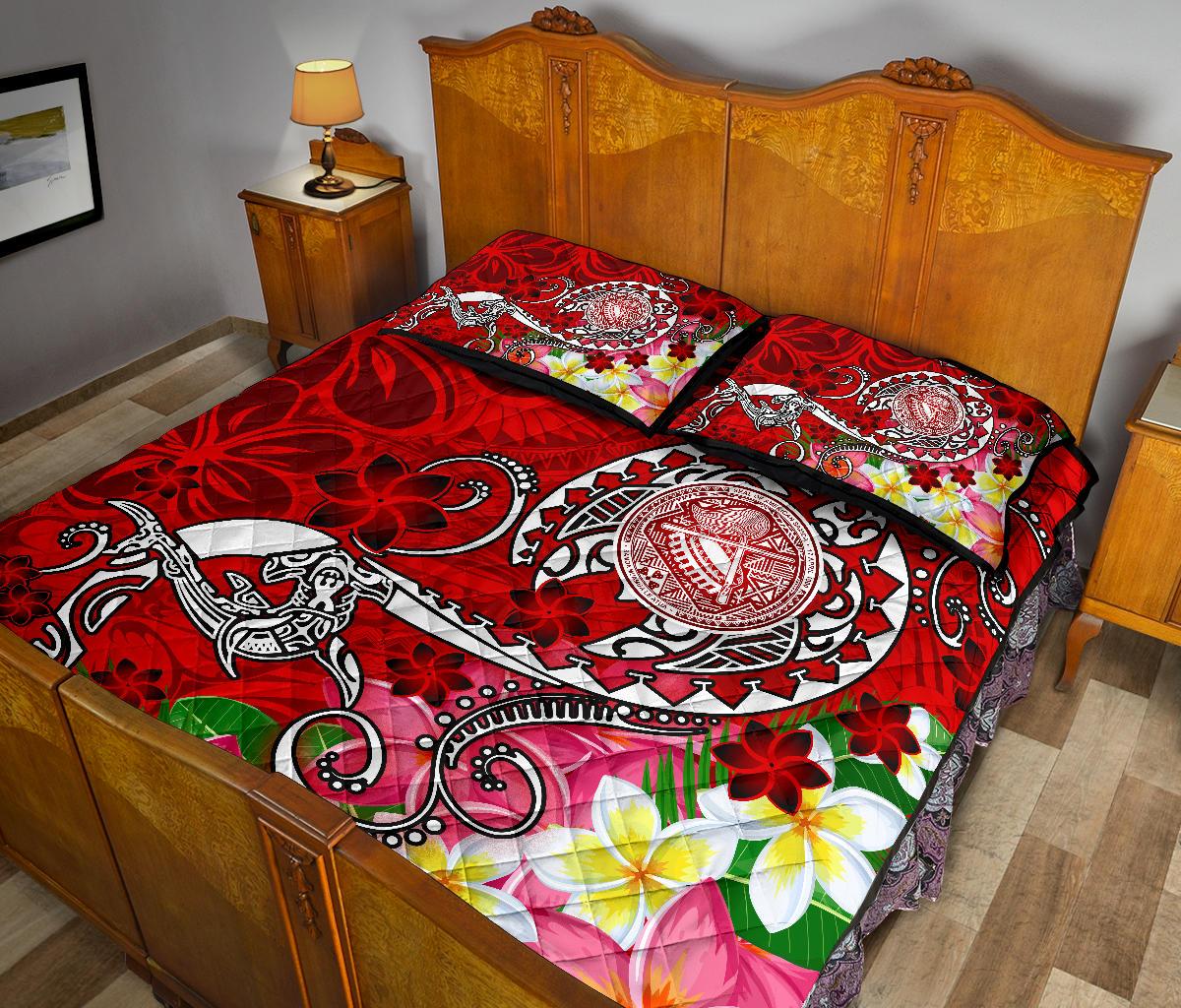 American Samoa Polynesian Quilt Bed Set - Turtle Plumeria (Red) - Polynesian Pride