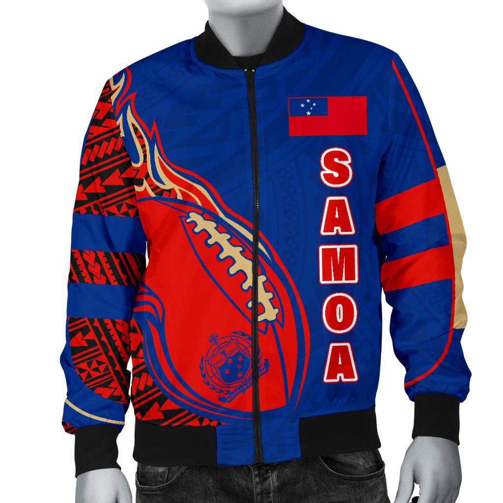 Samoa Men's Bomber Jacket - Rugby Ball Fire - Polynesian Pride