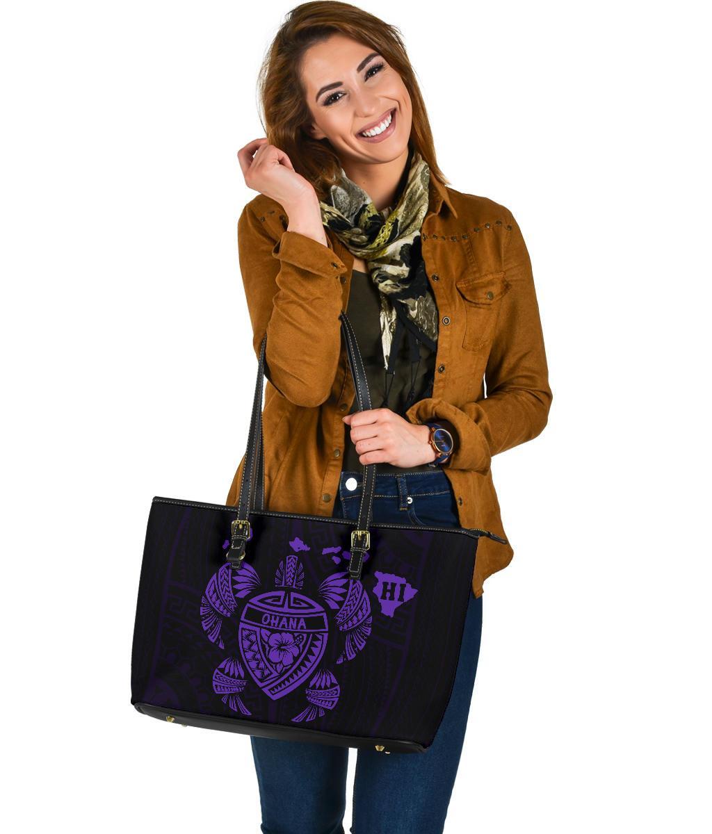 Hawaii Kakau Polynesian Turtle Map Large Leather Tote - Purple - Polynesian Pride