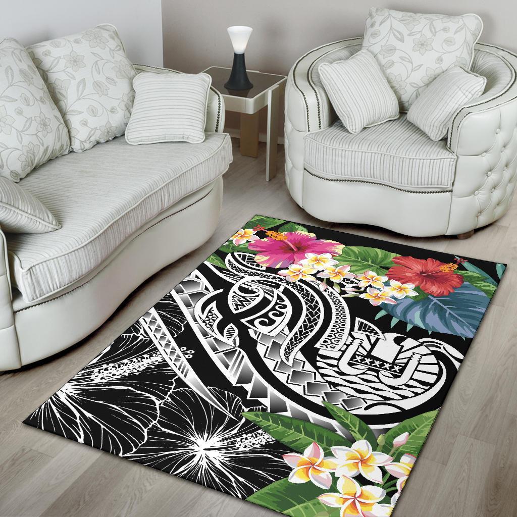 Tahiti Polynesian Area Rug - Summer Plumeria (Black) - Polynesian Pride
