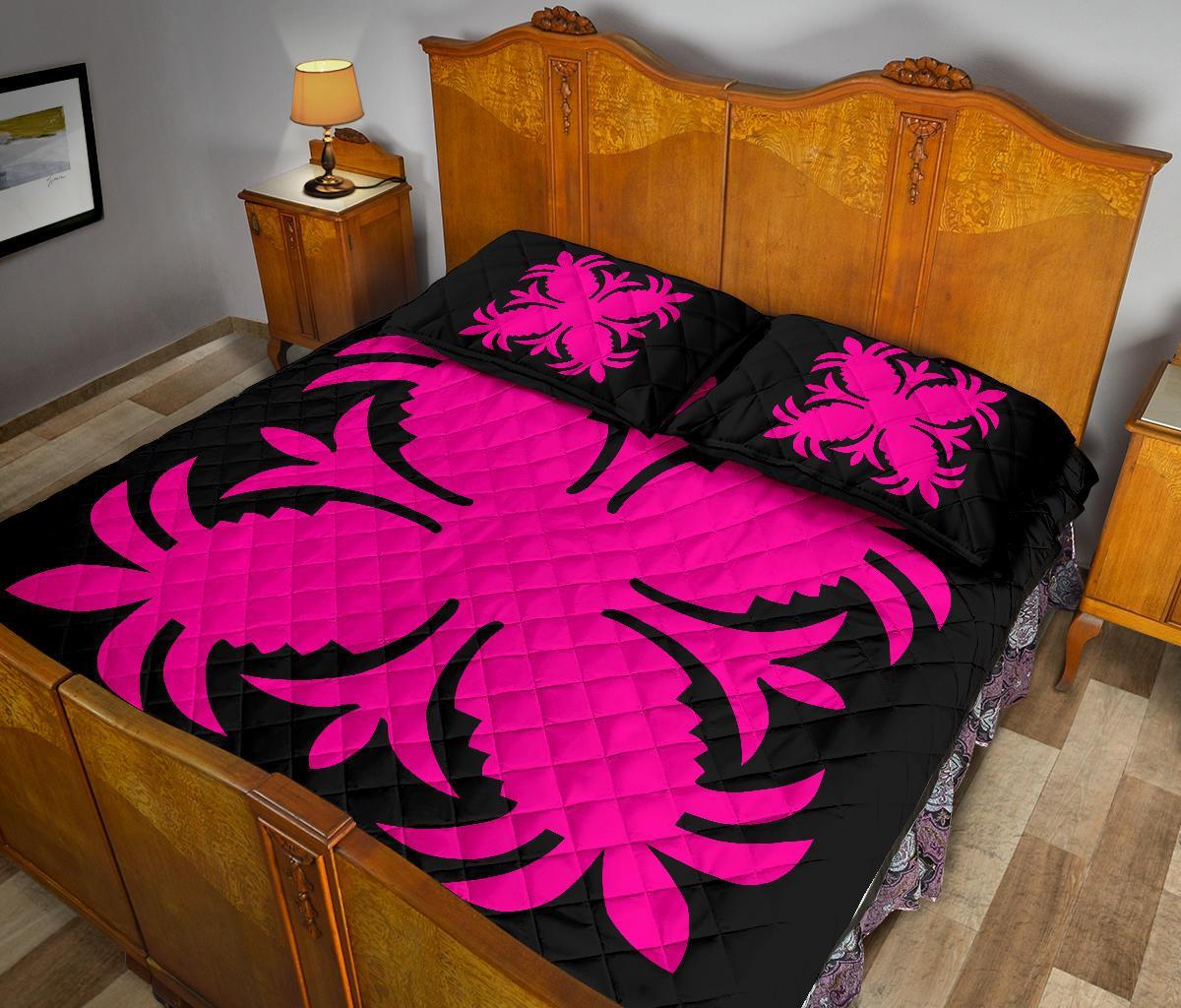 Hawaiian Quilt Bed Set Royal Pattern - Black And Pink - A2 Style - Polynesian Pride