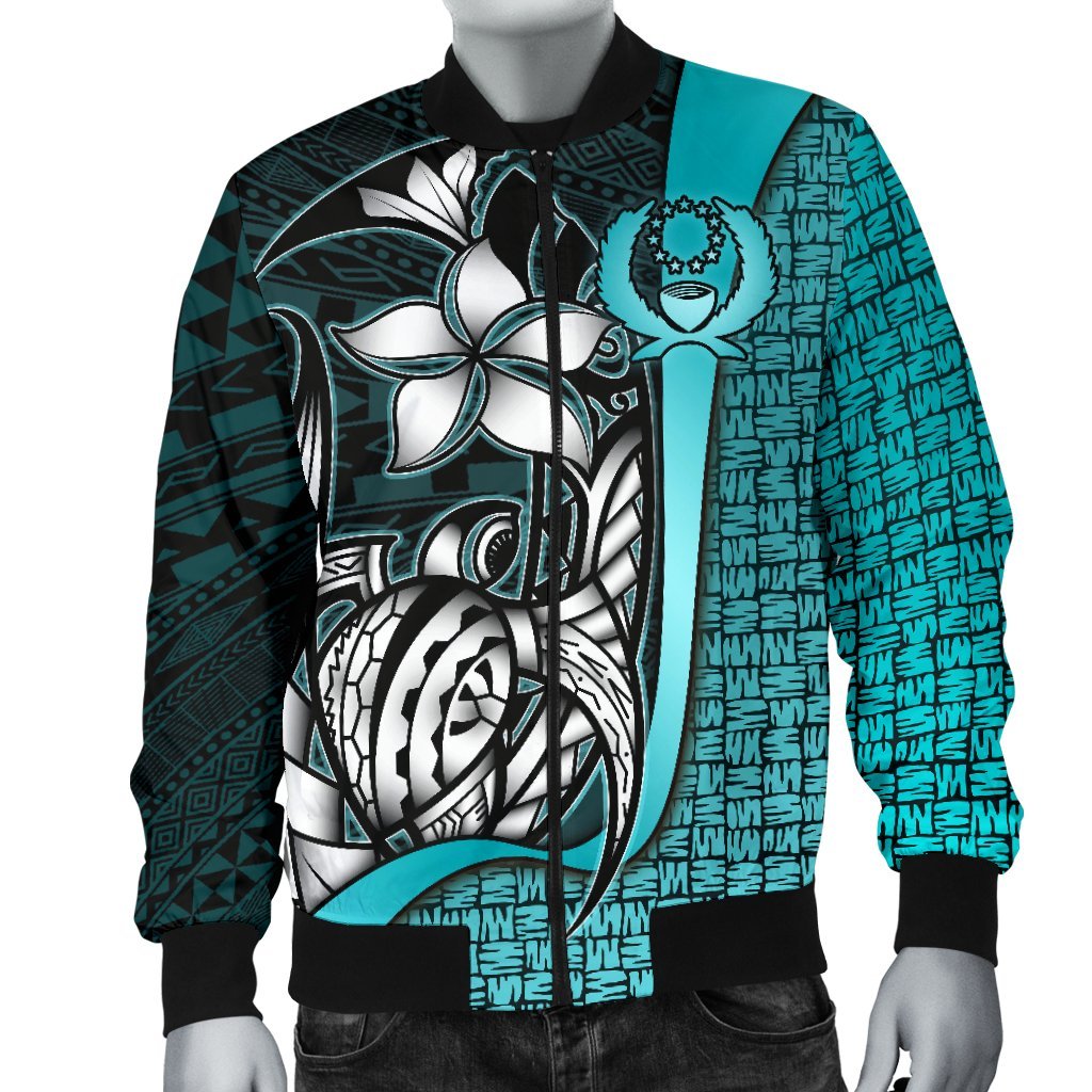Pohnpei Micronesia Men's Bomber Jackets Turquoise - Turtle With Hook - Polynesian Pride
