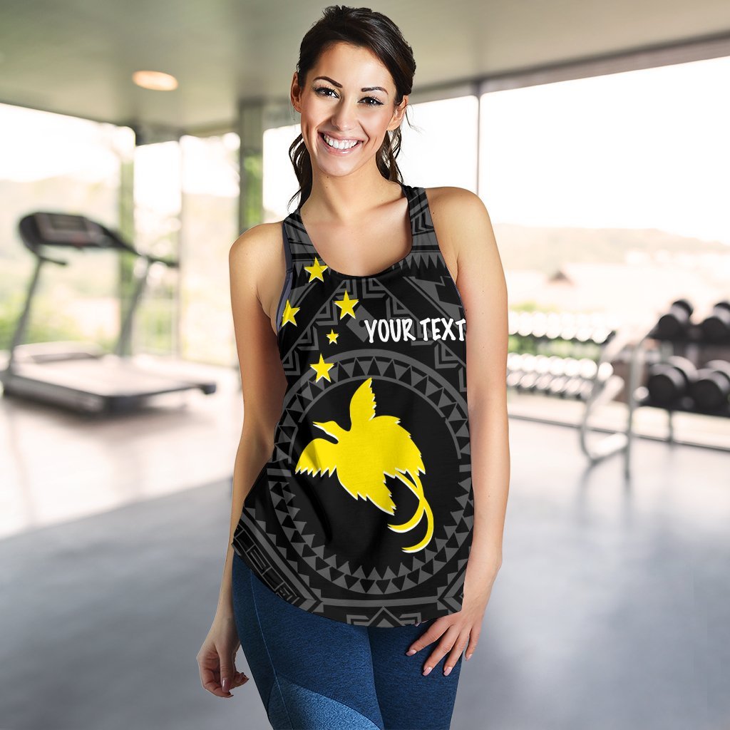 Papua New Guinea Personalised Women's Racerback Tank - Flag With Polynesian Patterns (Black) - Polynesian Pride