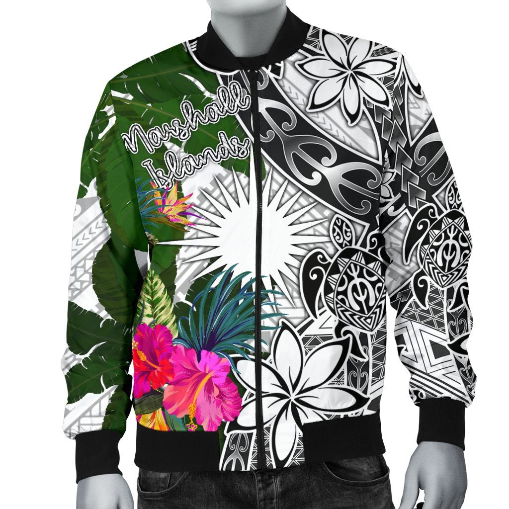 Marshall Islands Men's Bomber Jacket White - Turtle Plumeria Banana Leaf - Polynesian Pride