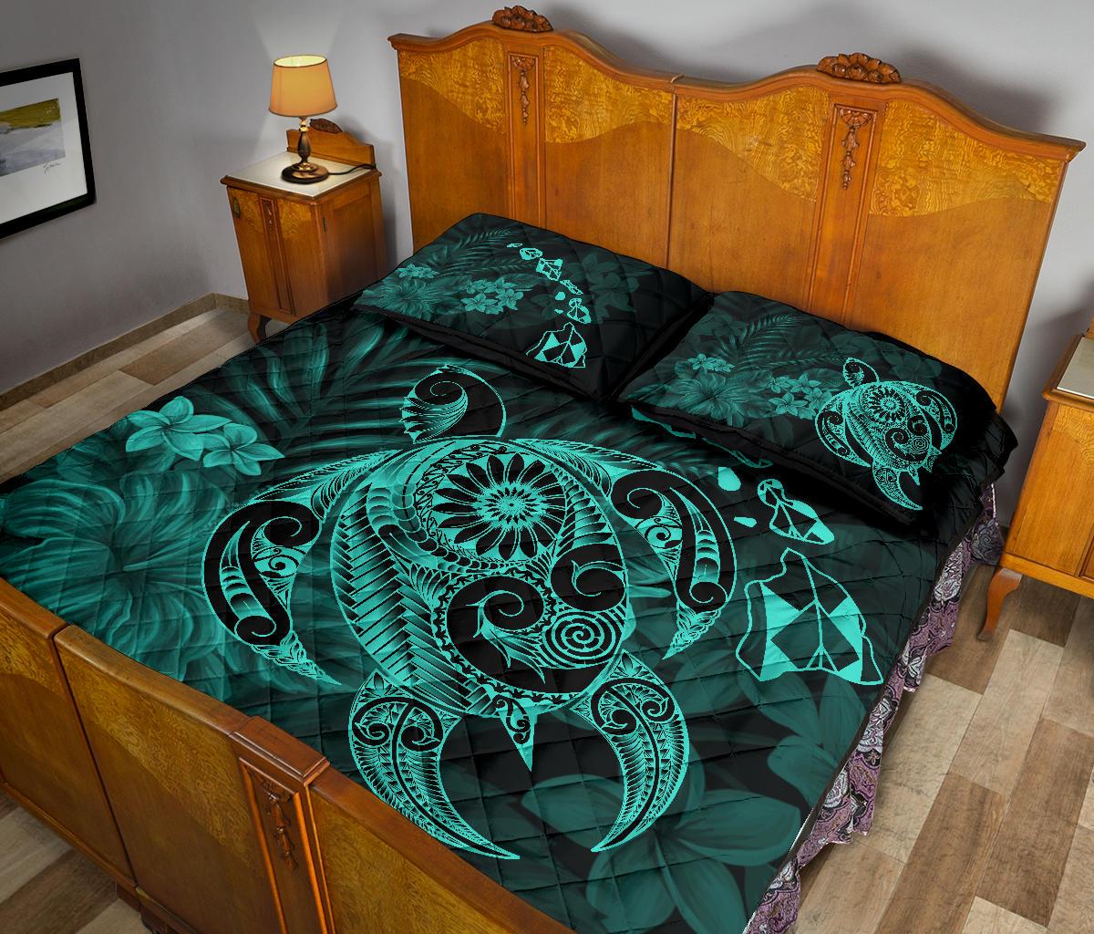 Hawaii Turtle Map Hibiscus Polynesian Turquoise Quilt Bed Set - Polynesian Pride
