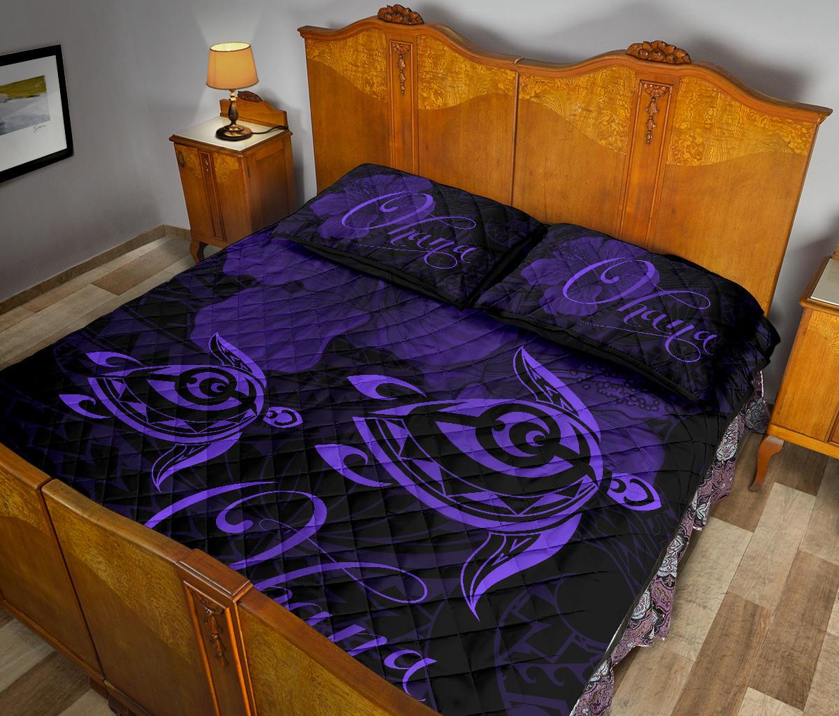 Hawaii Turtle Ohana Hibiscus Poly Quilt Bed Set Purple - Polynesian Pride