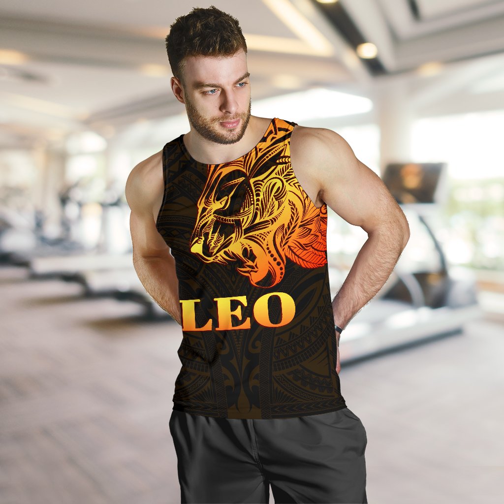 Sun In Leo Zodiac Men Tank Top Polynesian Tattoo Simple - Orange Black - Polynesian Pride