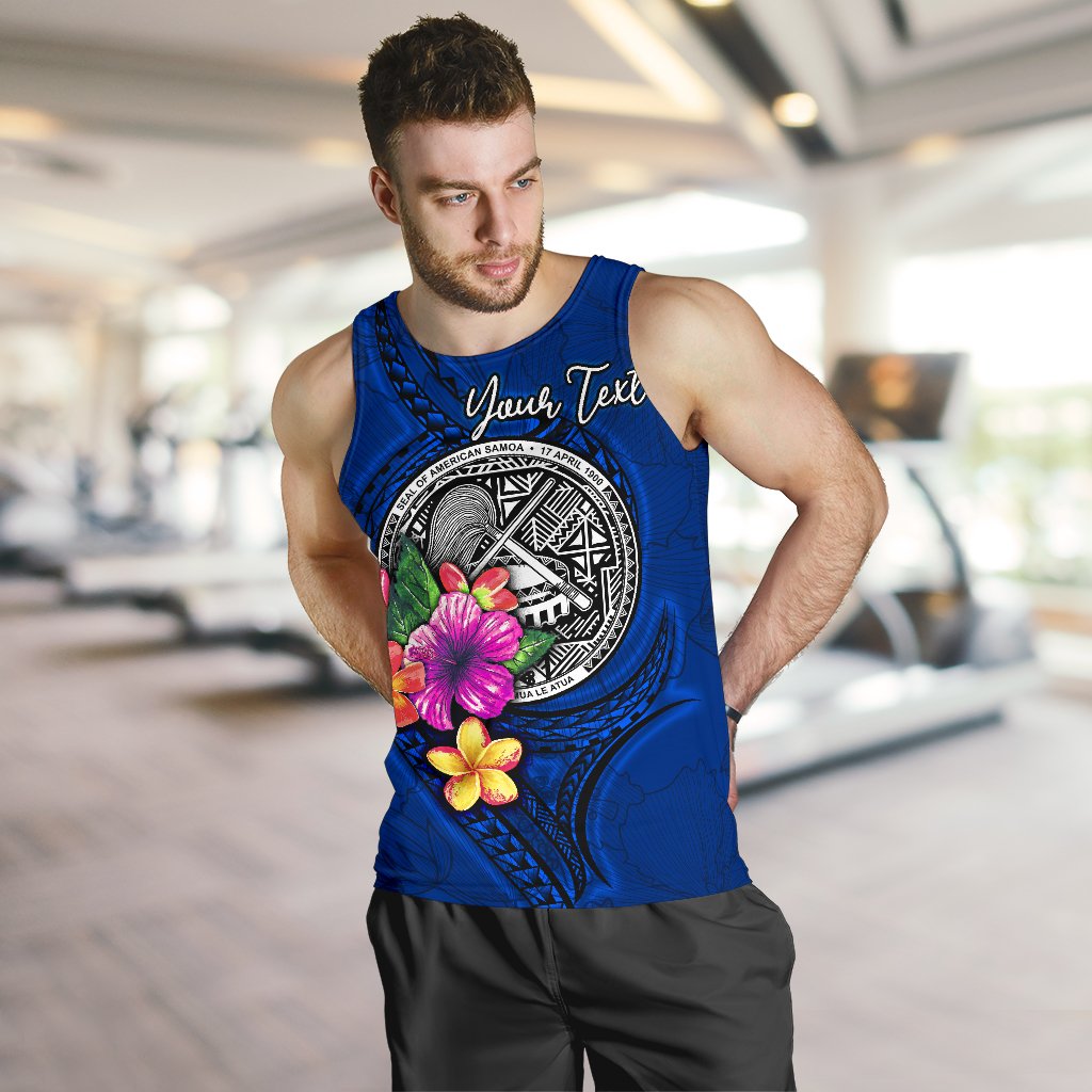American Samoa Polynesian Custom Personalised Men's Tank Top - Floral With Seal Blue - Polynesian Pride