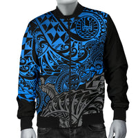 Tahiti Polynesian Men Bomber Jacket - Blue Turtle Hibiscus Flowing BLUE - Polynesian Pride