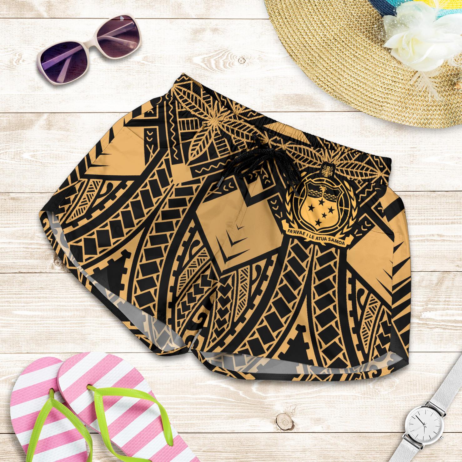 Samoa Polynesian Women's Shorts - Samoa Gold Seal with Polynesian Tattoo Women Gold - Polynesian Pride