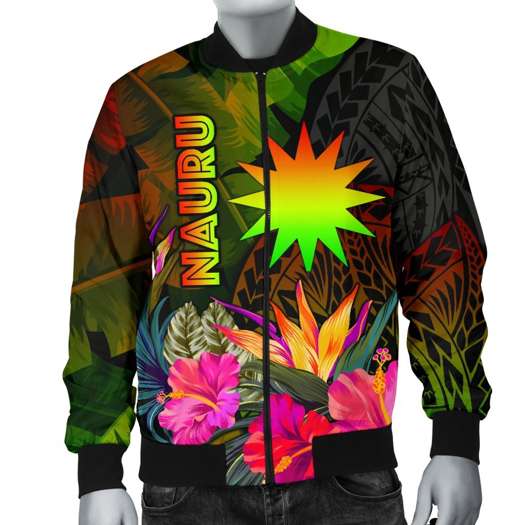 Nauru Polynesian Men's Bomber Jacket - Hibiscus and Banana Leaves - Polynesian Pride