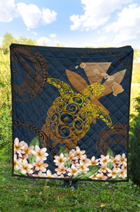 Hawaii Turtle Plumeria Polynesian Kanaka Map - Blue Style - Premium Quilt AH - Polynesian Pride