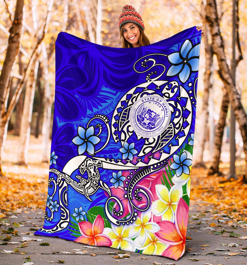 Hawaii Polynesian Premium Blanket - Hawaii Seal With Turtle Plumeria (Blue) - Polynesian Pride