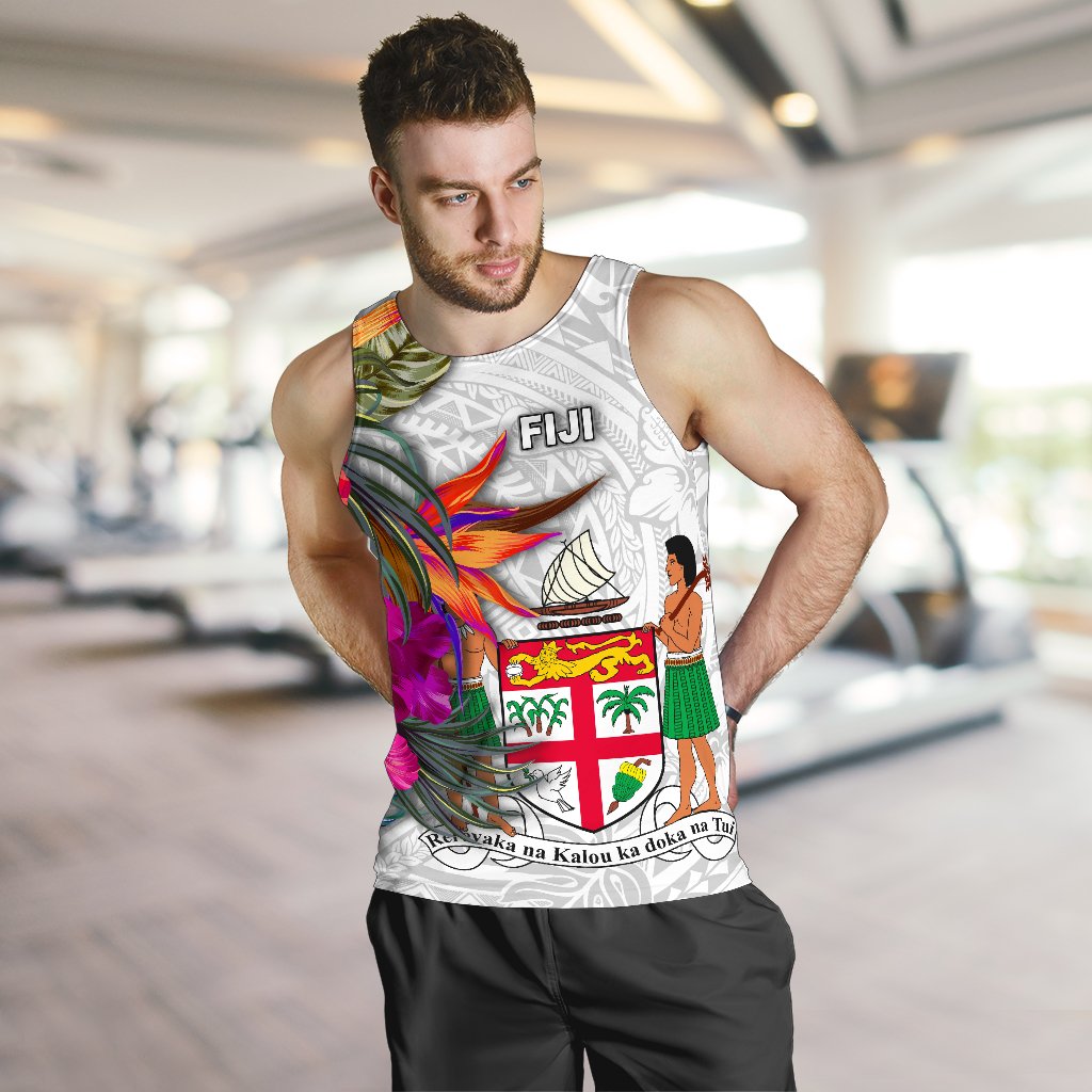 Fiji Polynesian Men's Tank Top - Hibiscus White Pattern - Polynesian Pride