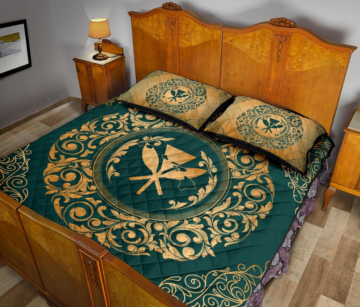 Hawaii Map Classic Floral Quilt Bed Set Green - Polynesian Pride