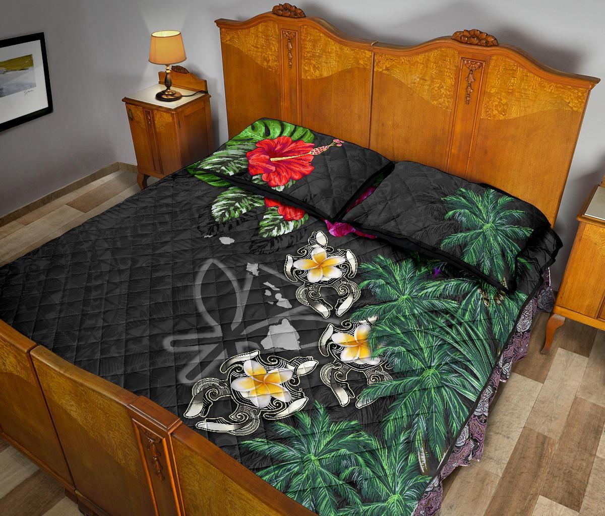 Kanaka Maoli (Hawaiian) Quilt Bed Set - Hibiscus Turtle Tattoo Gray - Polynesian Pride