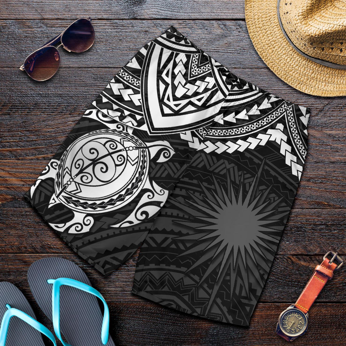 Marshall Islands Polynesian Shorts (Men) - White Turtle - Polynesian Pride