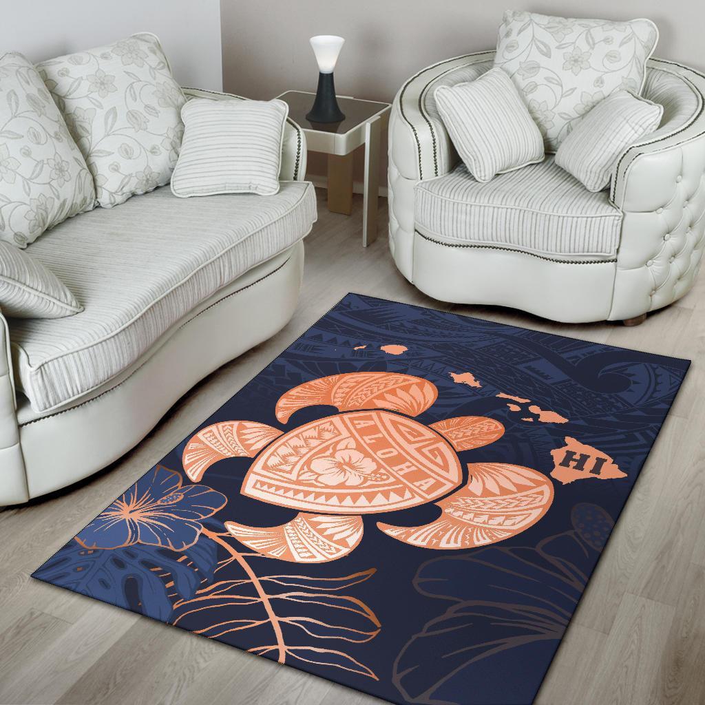 Hawaiian Map Hibiscus Turtle Polynesian Indigo Luxury - Rug - Polynesian Pride